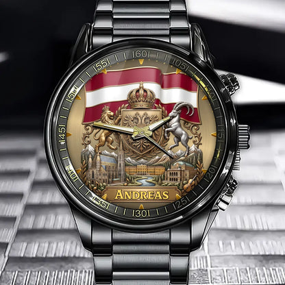 Personalisierte Österreich Uhr - Individuelle Namensuhr mit Rot-Weiß-Rot Design und Alpen-Motiv Watch