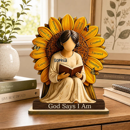 Custom Wooden Sunflower Faith Plaque - Personalized Christian Gifts For Women - Chosen, Loved & Favored
