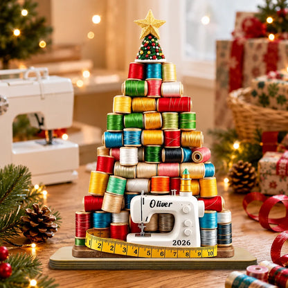 Custom Wooden Sewing Thread Ornament - Personalized Christmas Gifts For Seamstresses & Quilters - Stitched With Holiday Joy