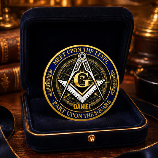 Custom Masonic Challenge Coin - Personalized Freemason Gifts - Meet Upon The Level, Part Upon The Square