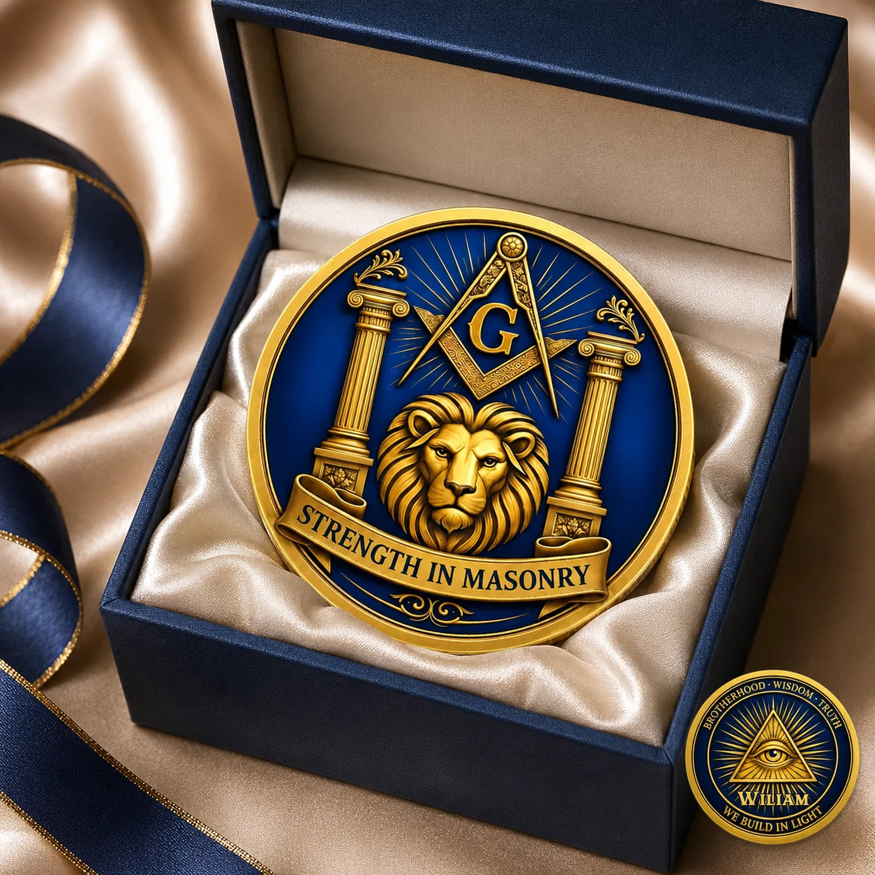 Custom Golden Lion Masonic Challenge Coin - Personalized Freemason Gifts For Men - Strength Guided By Light